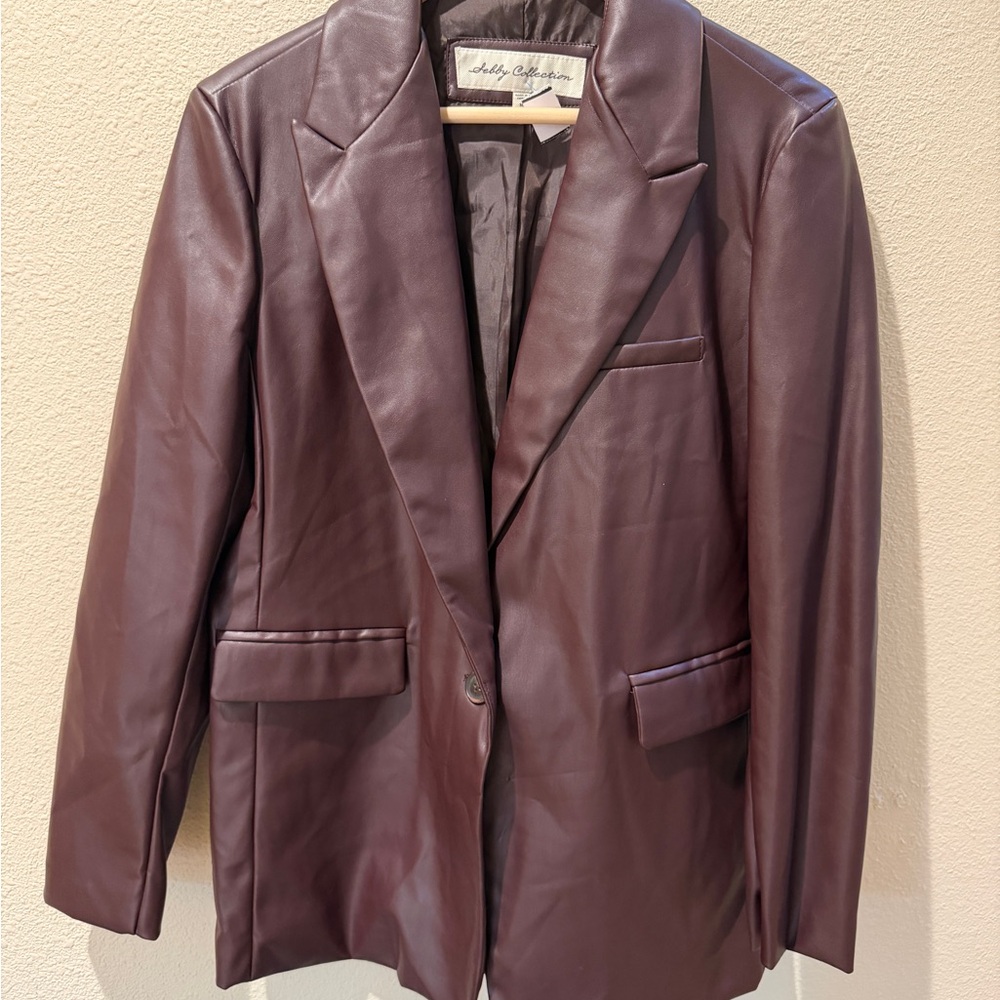 Sebby Collection Wine Red Vegan Leather Blazer